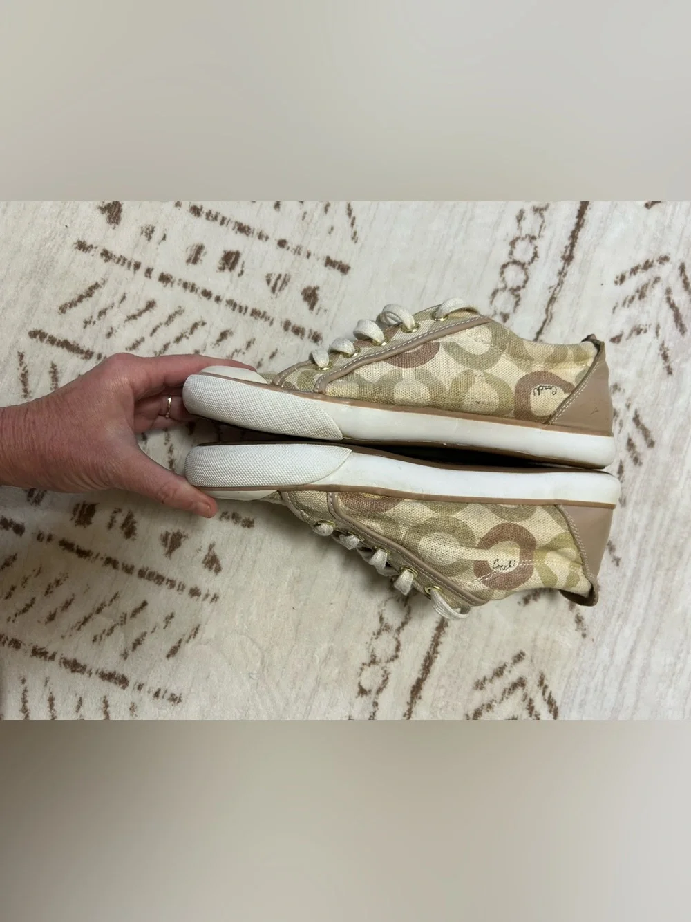 Coach Barrett Signature C Canvas Leather Low Top Sneakers Tan 9B Quiet Luxury